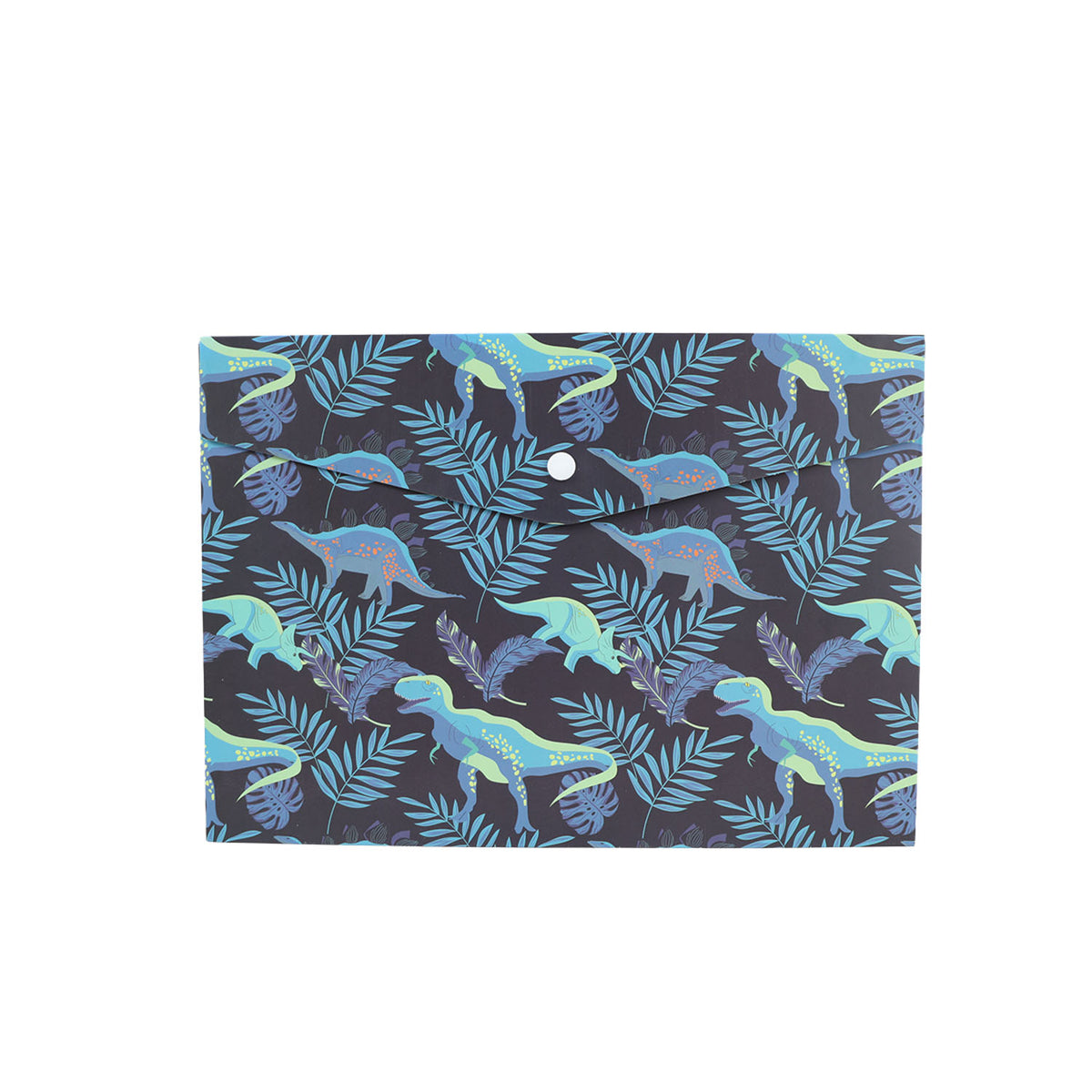 Dinosaur print document folder with snap button, dark blue and teal dino pattern