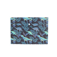 Dinosaur print document folder with snap button, dark blue and teal dino pattern