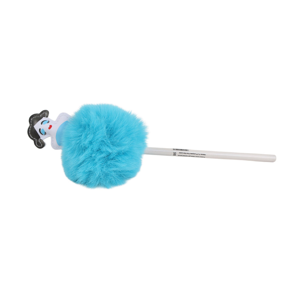 Blue fluffy ball decorative pen with face charm, white barrel