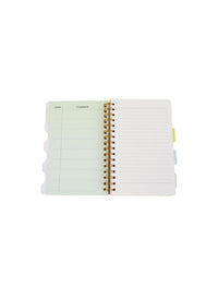 Open panda spiral notebook with dividers, labeled pages and lined writing sections, gold coil binding