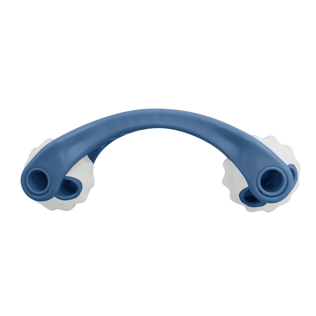 Blue dual ball massager, curved handle frame with perforated grip and two end cups