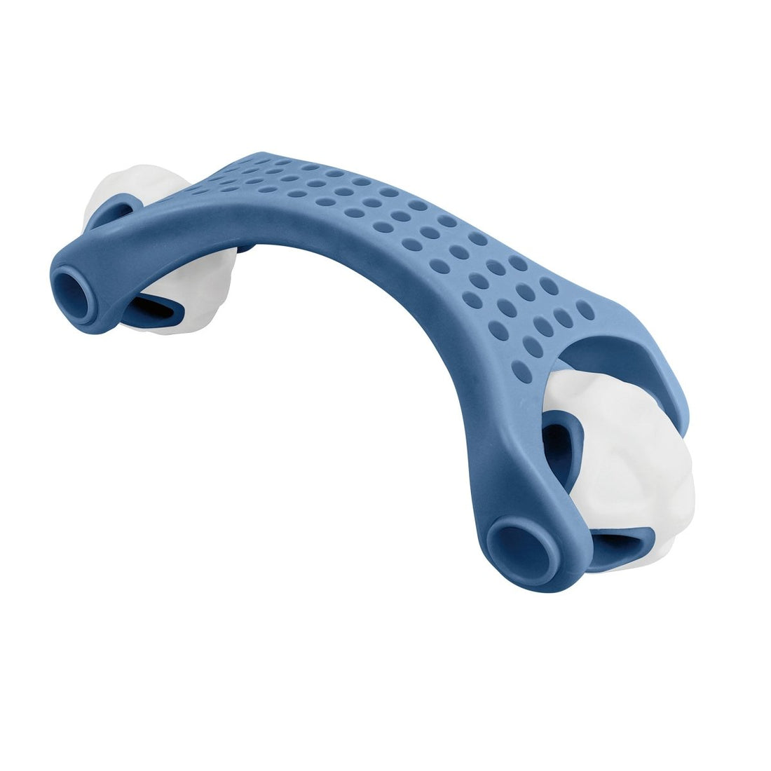 Blue dual ball massager with flexible handle, perforated grip and two massage heads
