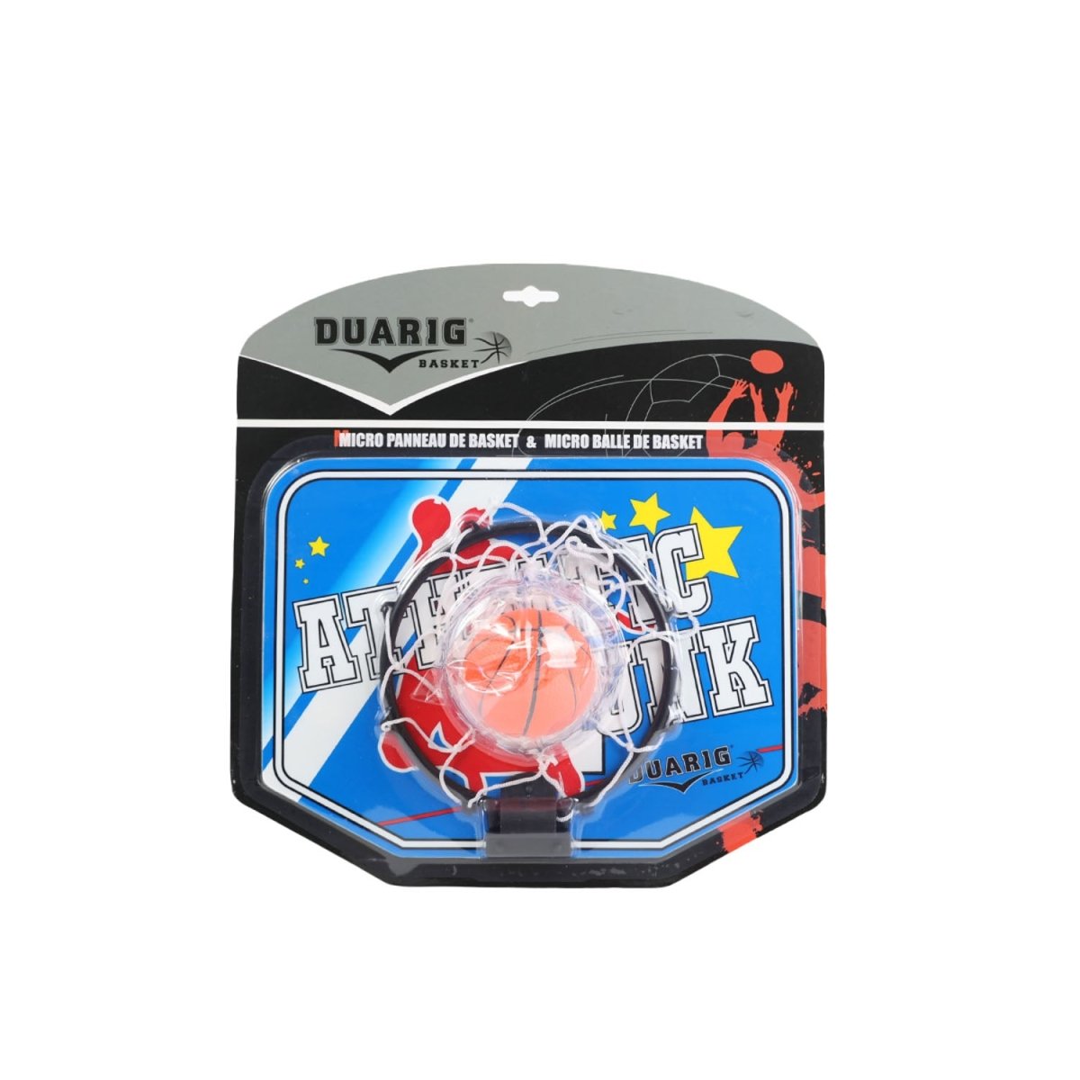 DUARIG mini basketball hoop set in retail package, blue frame and orange ball graphic