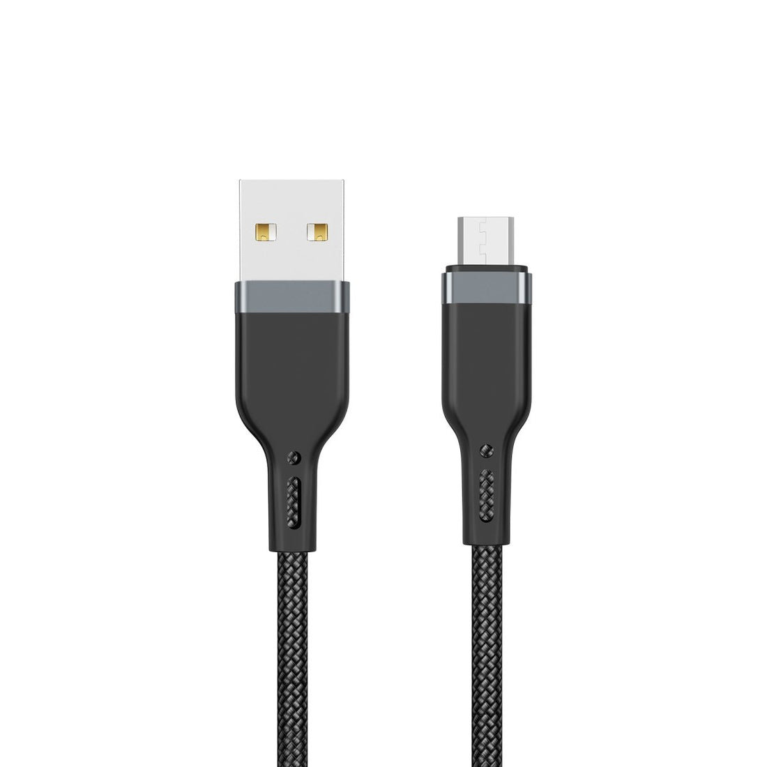 Braided USB charging cable with USB-A plug, dark connector and black braided sheath