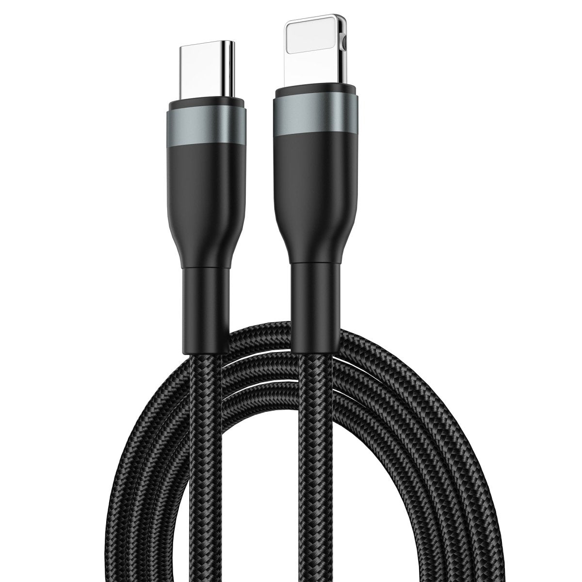 USB-C to Lightning charging cable, dual connector view with black braided cord