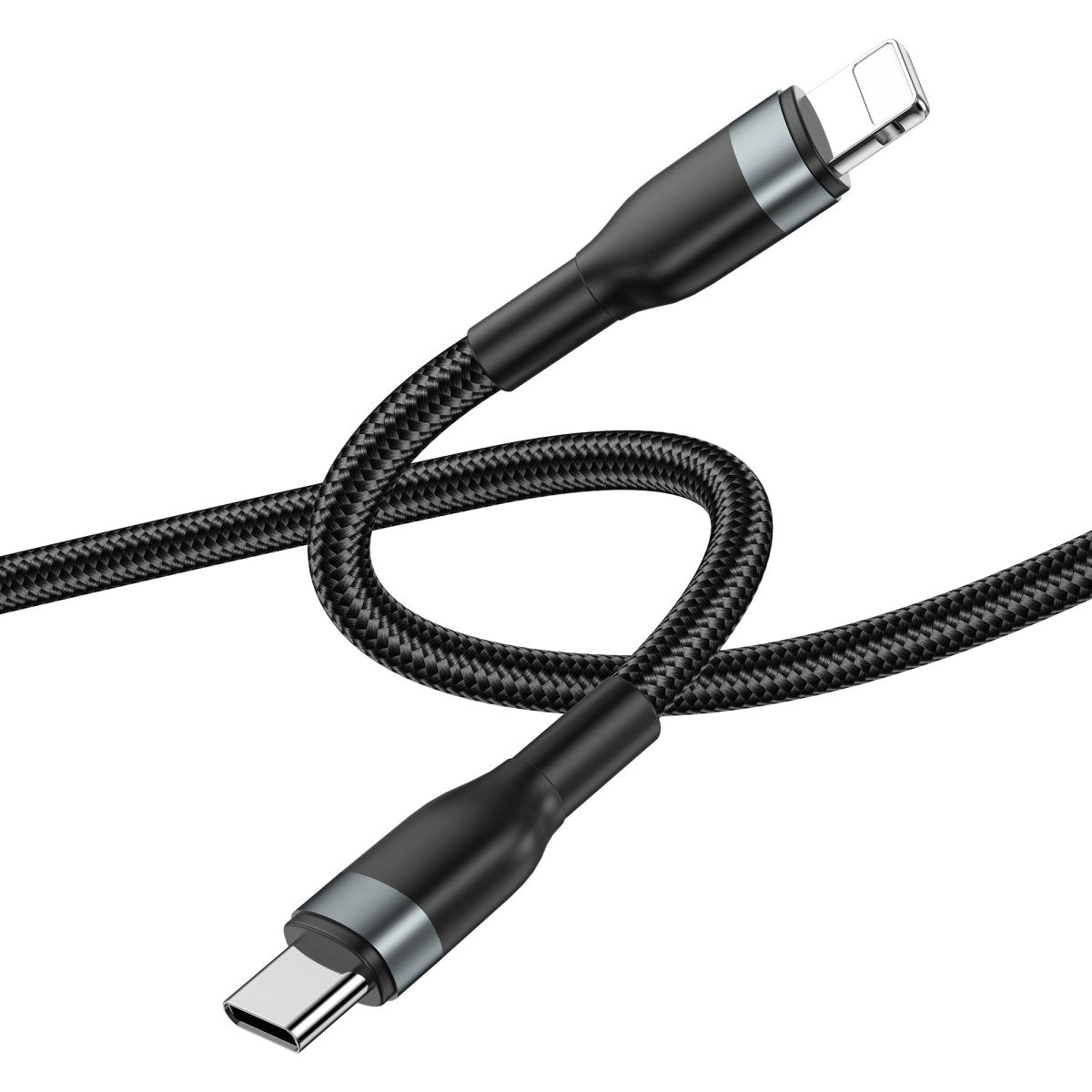 Durable USB-C to Lightning charging cable with black braided sheath and metal ends