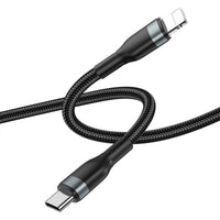 Durable USB-C to Lightning charging cable with black braided sheath and metal ends