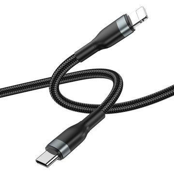 Durable USB-C to Lightning charging cable with black braided sheath and metal ends
