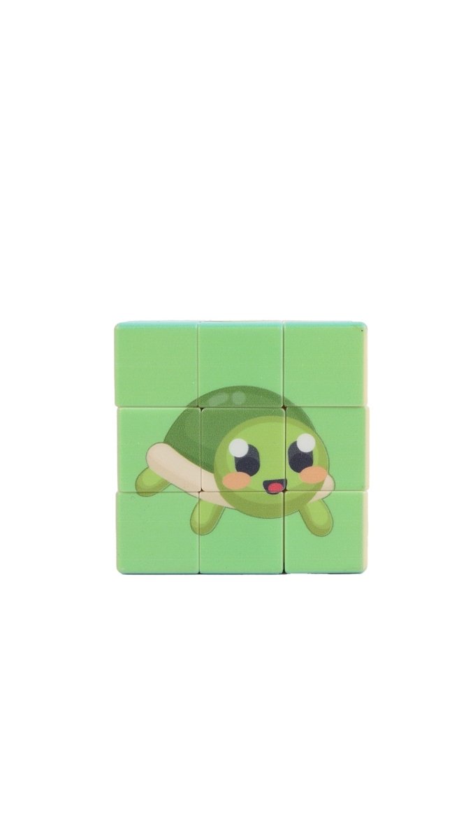 3x3 magic cube puzzle toy with green cartoon character on bright green panels