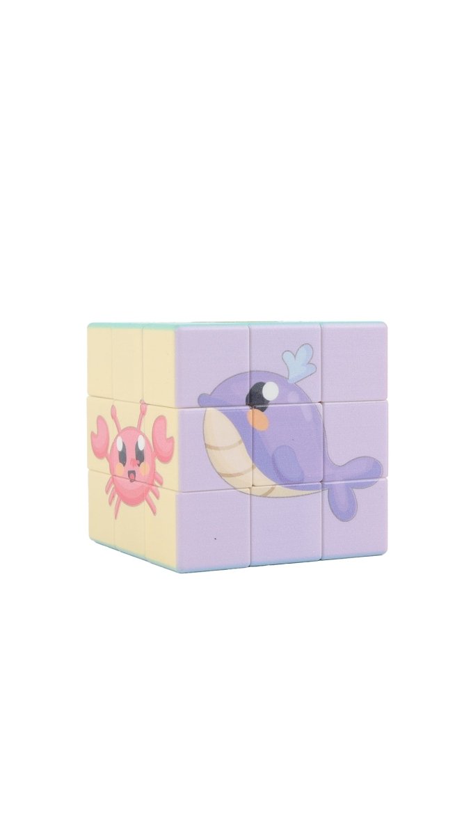 3x3 magic cube puzzle toy with purple whale graphic on pastel cream and lavender panels