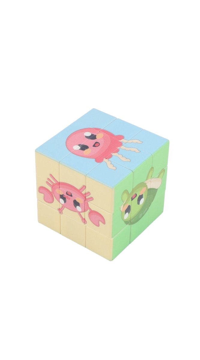3x3 magic cube puzzle toy with pink rabbit graphic on light blue, green, and cream sides