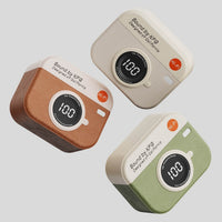 Wireless earbuds charging cases in tan, brown, and green with round digital display