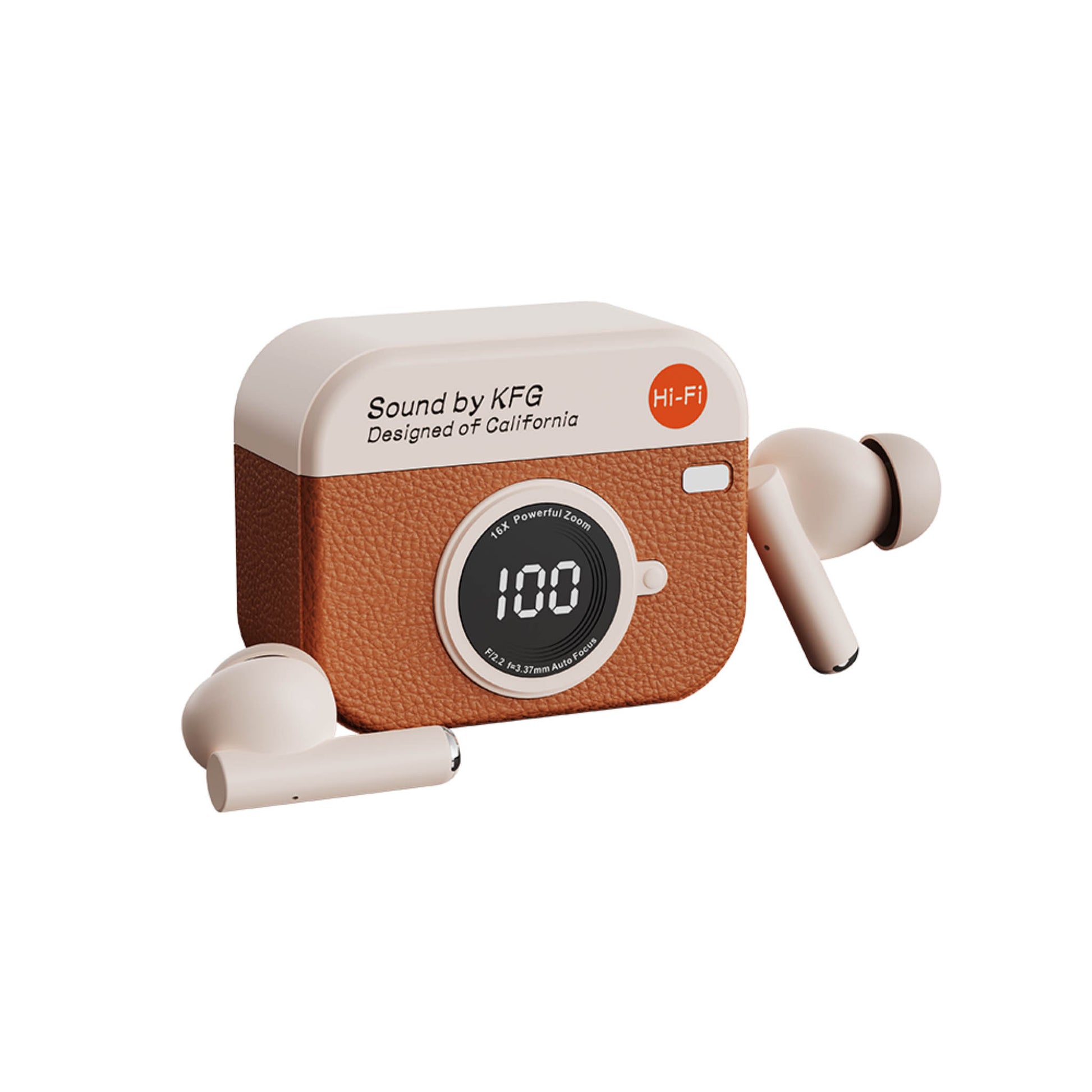 Wireless earbuds and charging case with brown textured camera-style design, earbuds and case shown.