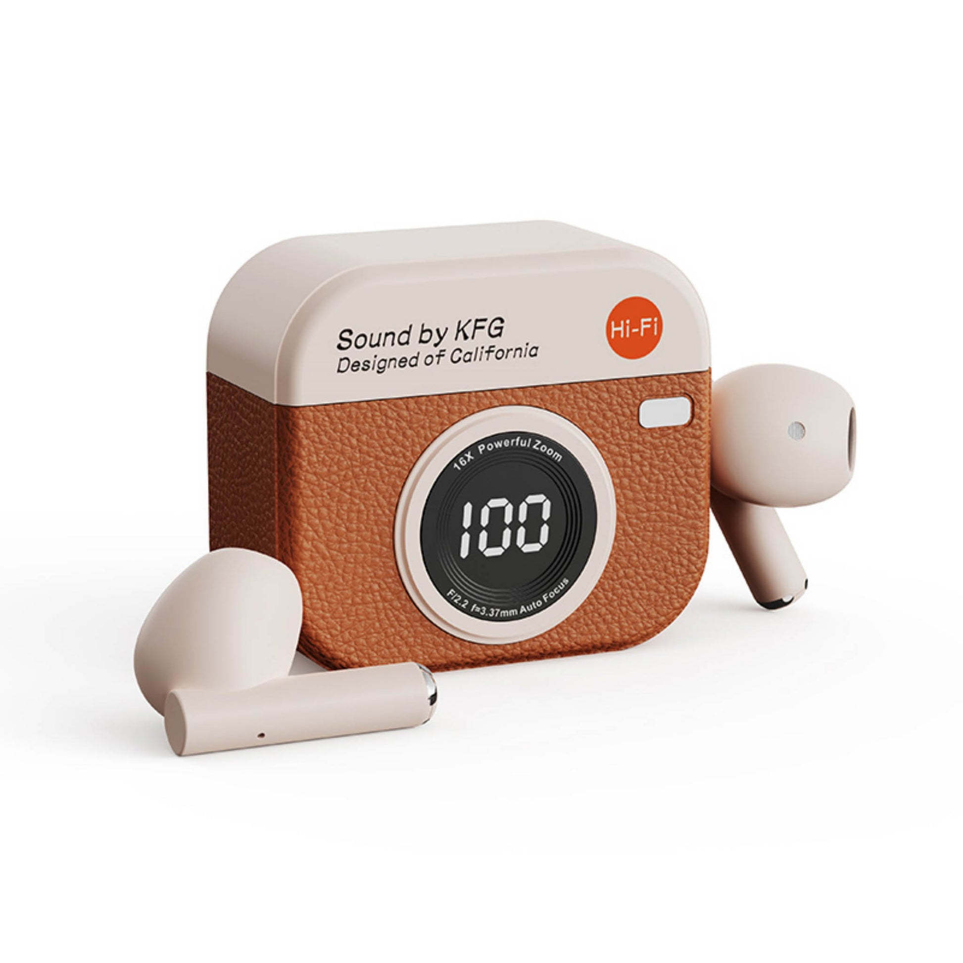 Wireless earbuds and charging case with brown textured camera-style design, earbuds and case shown.