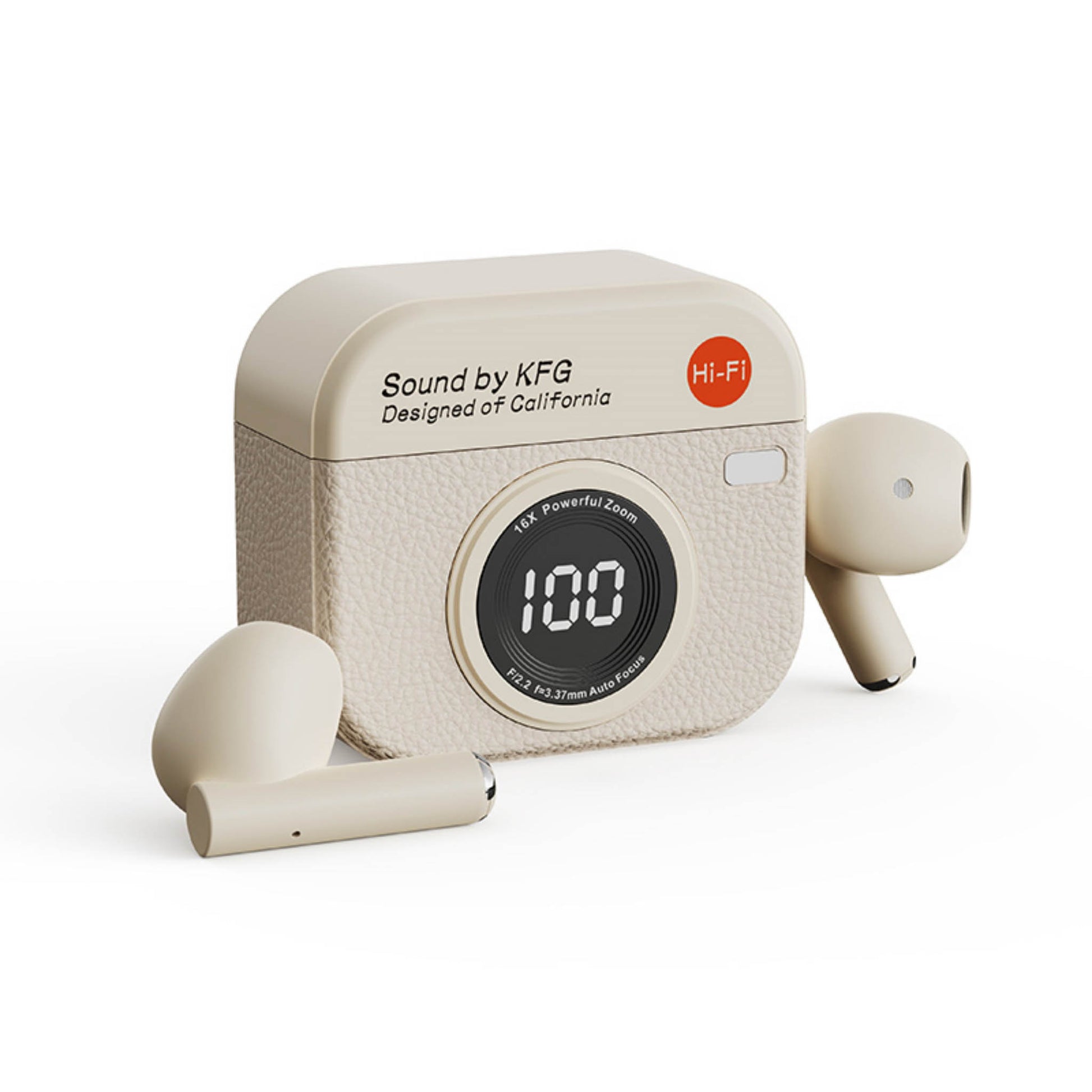 Wireless earbuds and charging case with light cream textured camera-style design, earbuds and case shown.