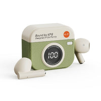 Wireless earbuds and charging case with green textured camera-style design, earbuds and case shown.