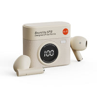 Wireless earbuds and charging case with light cream textured camera-style design, earbuds included.