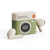 Wireless earbuds and charging case with green textured camera-style design, earbuds included.