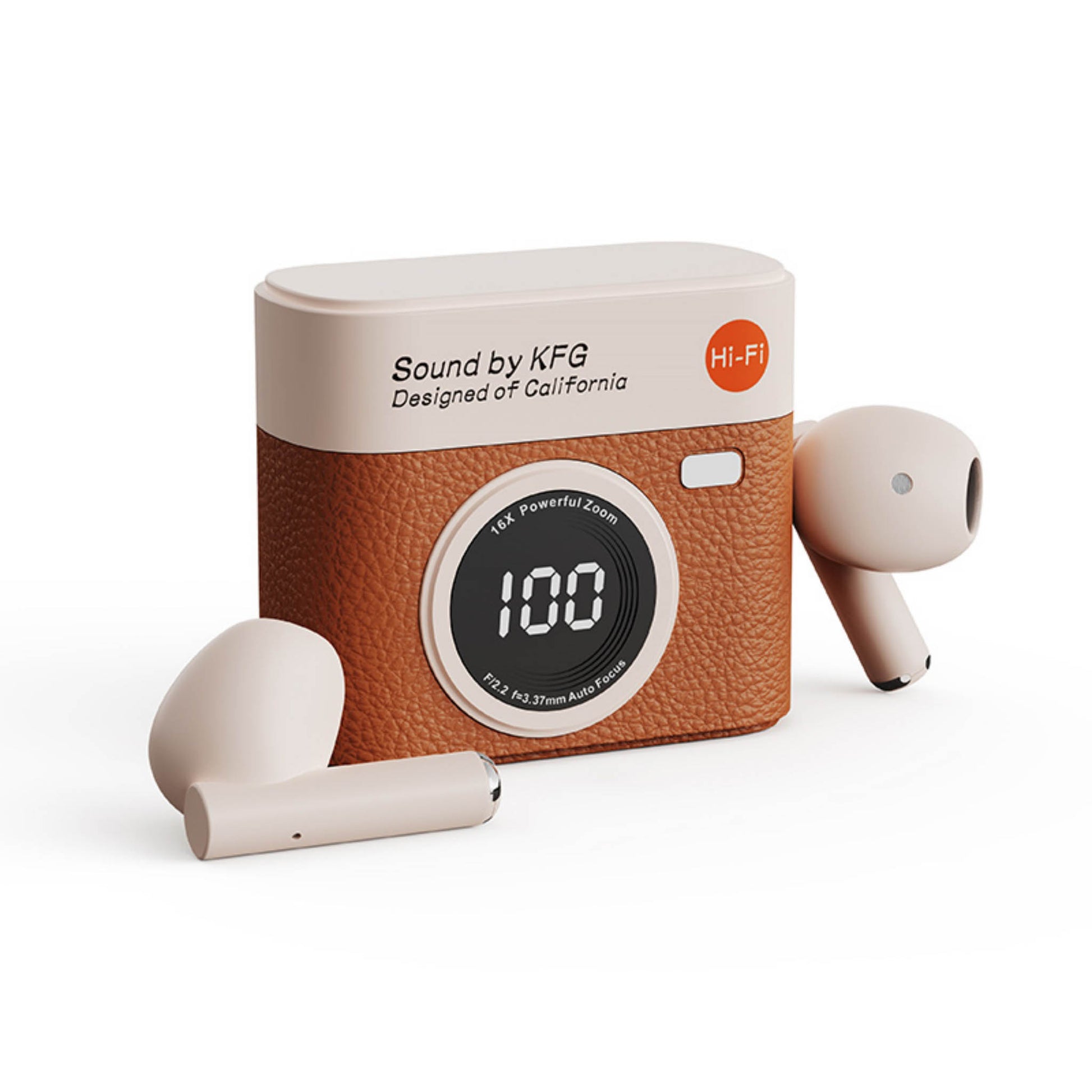 Wireless earbuds and charging case with brown textured camera-style design, earbuds and case shown.