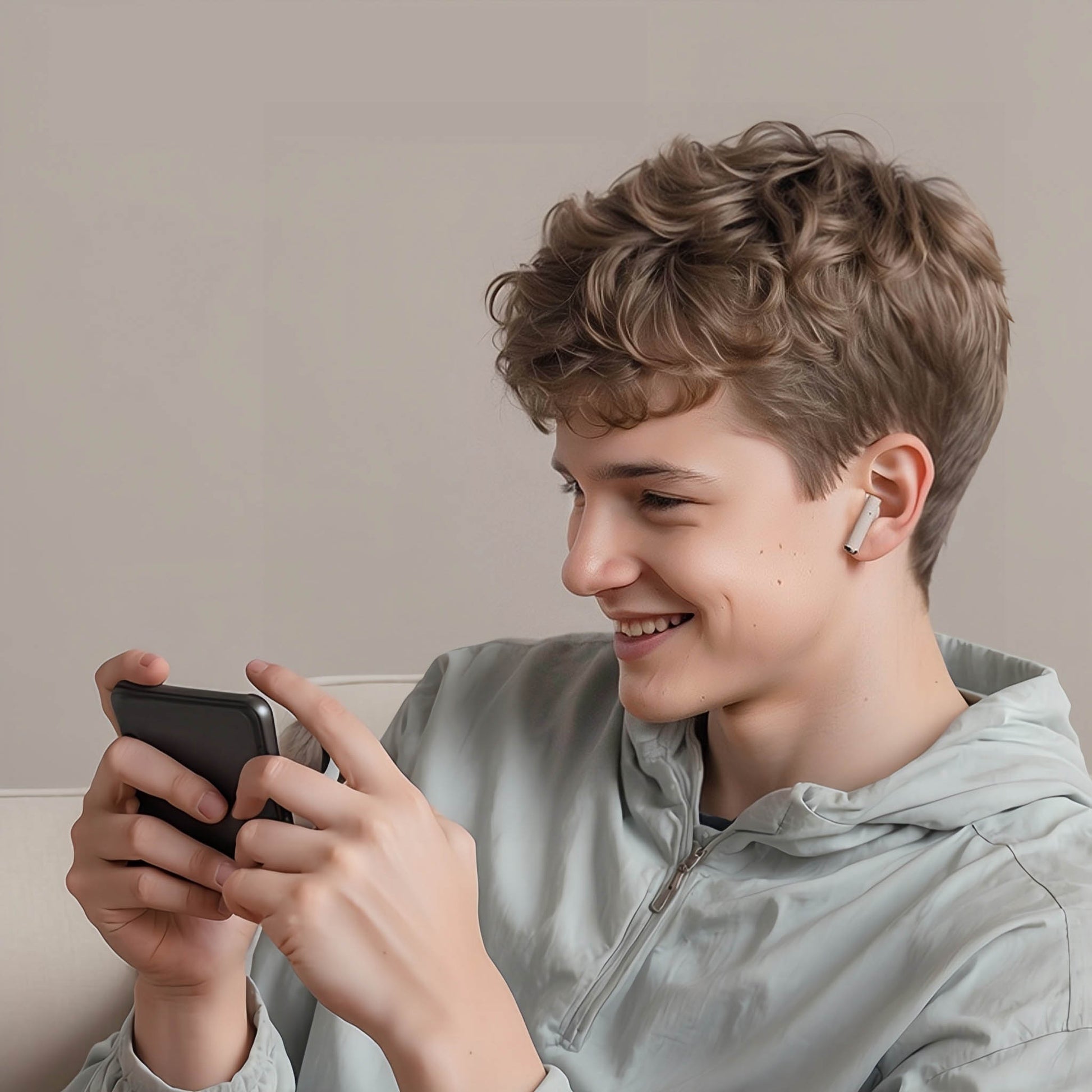 Wireless earbuds in ear on a smiling teen holding a smartphone