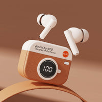 Wireless earbuds and charging case with brown textured camera-style design, earbuds included.