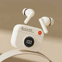 Wireless earbuds charging case with light tan textured finish and digital display with earbuds