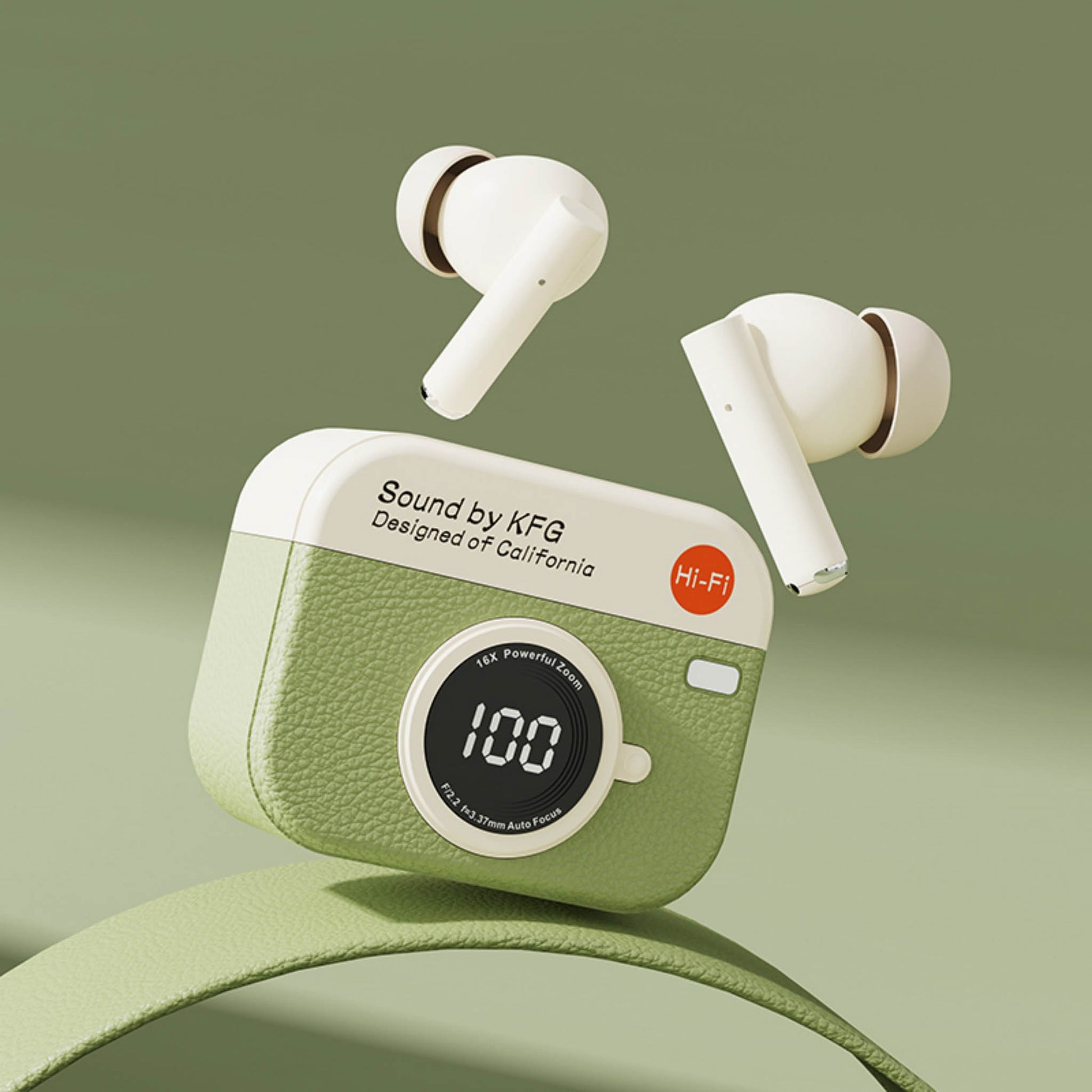 Wireless earbuds charging case with green textured finish and digital display with earbuds