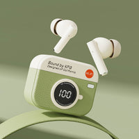 Wireless earbuds charging case with green textured finish and digital display with earbuds