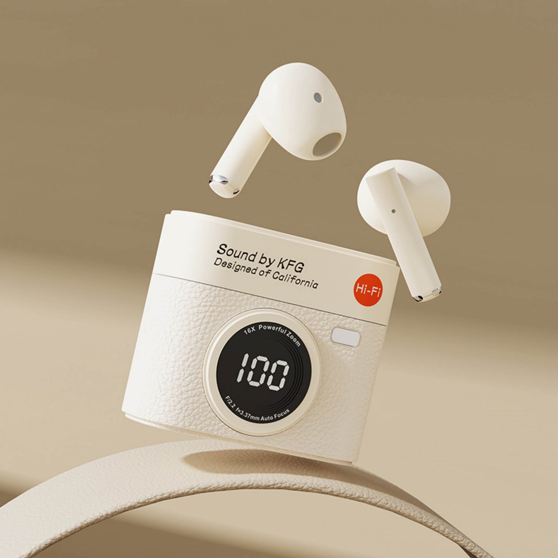 Wireless earbuds charging case with light tan textured finish, digital display, and white earbuds