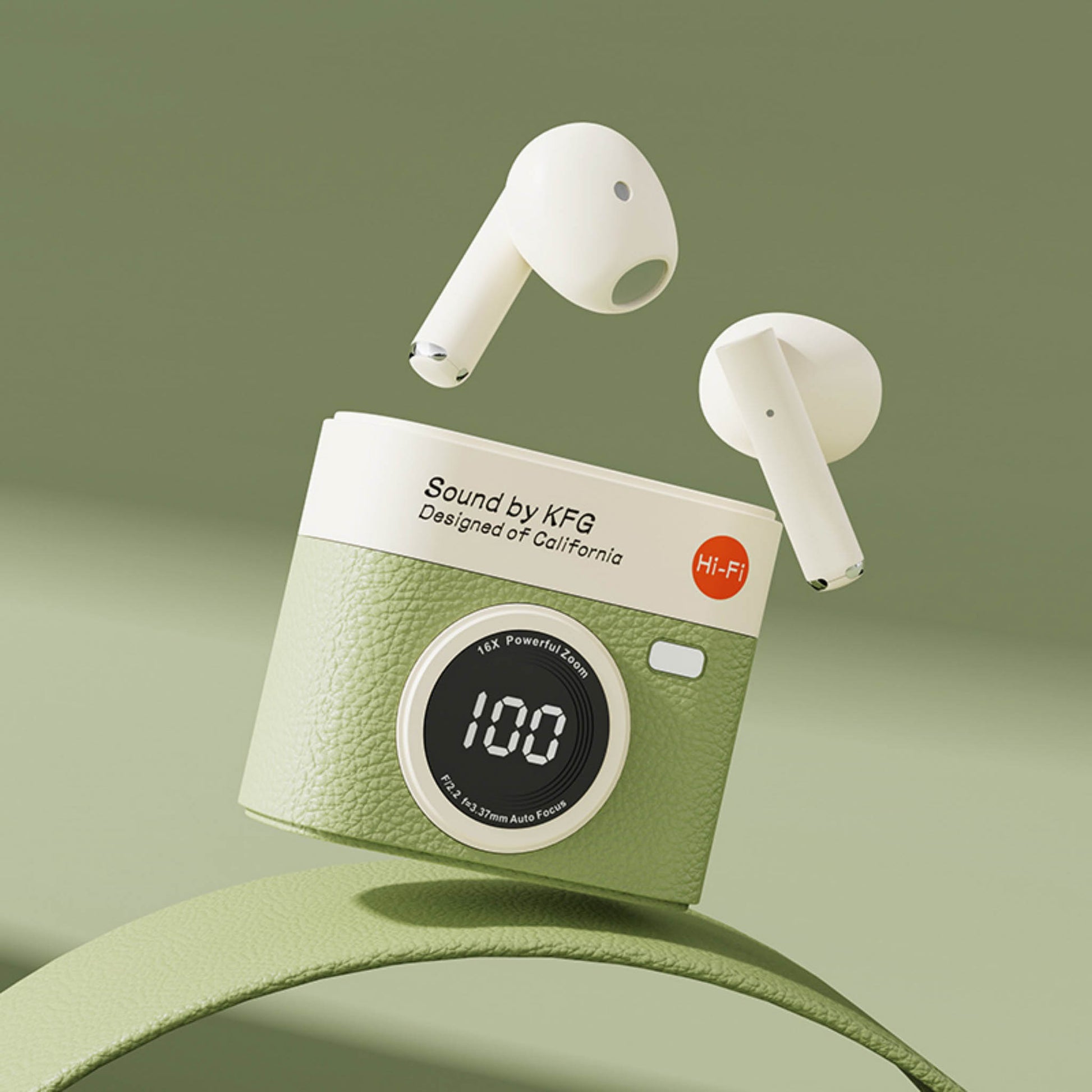 Wireless earbuds charging case with green textured finish, digital display, and white earbuds