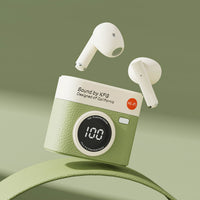 Wireless earbuds charging case with green textured finish, digital display, and white earbuds