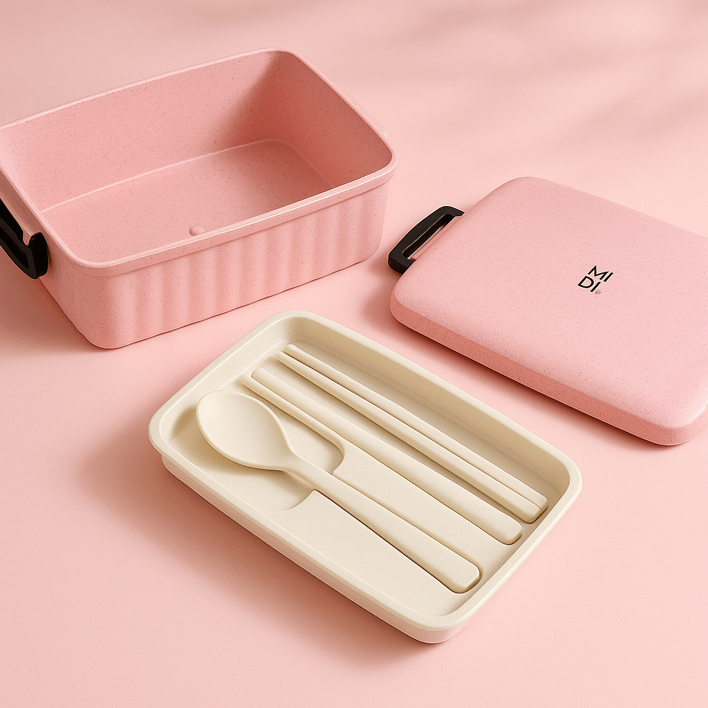 Eco-friendly lunchbox in pink with open lid and removable cutlery insert tray