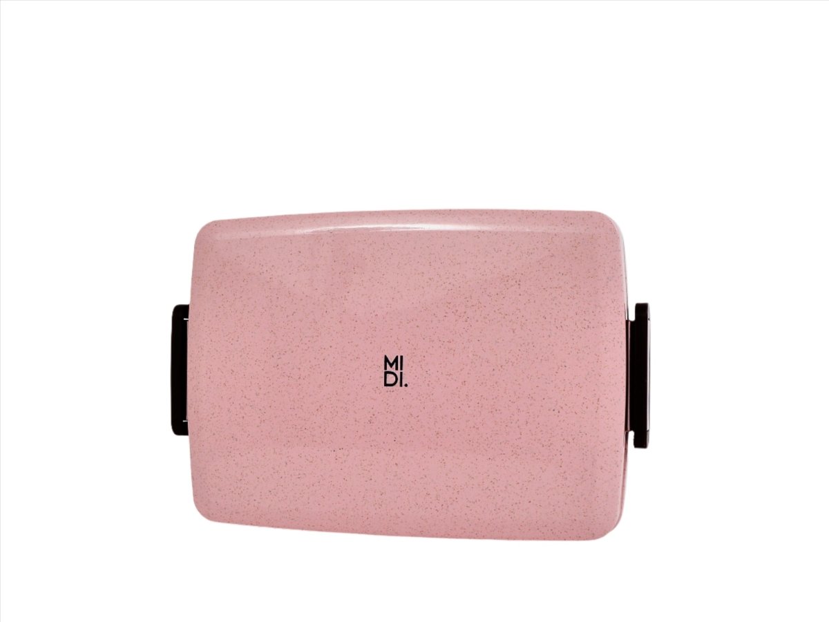 Eco-friendly lunchbox in pink with black side handle and smooth top lid