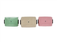 Eco-friendly lunchboxes set in mint, beige, and pink with black handle tabs