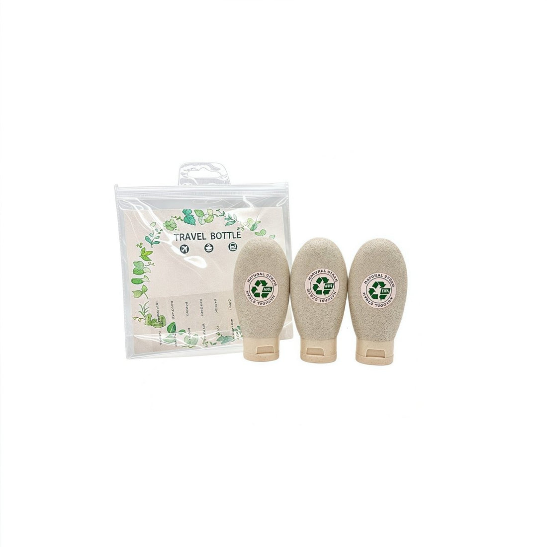 Set of 3 eco travel bottles with natural speckled fabric sleeves and beige caps