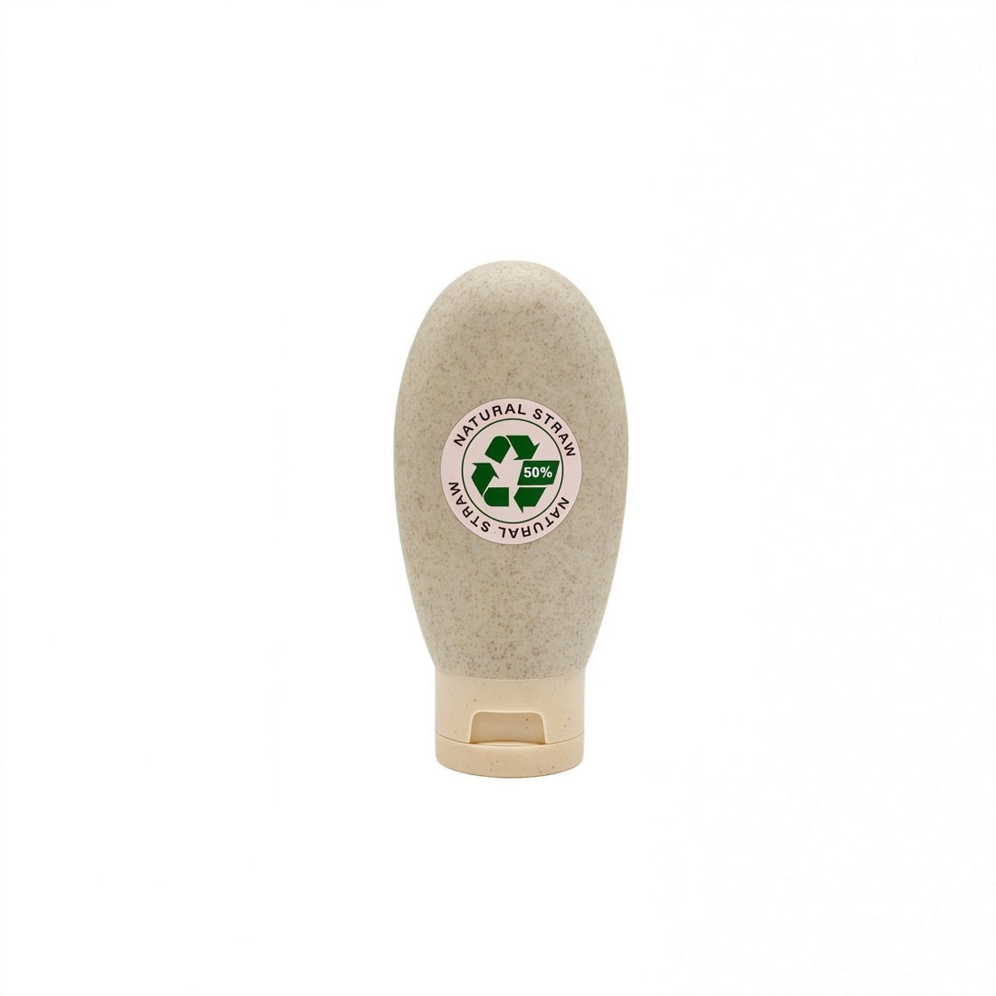 Natural speckled travel bottle with round logo seal and beige base cap