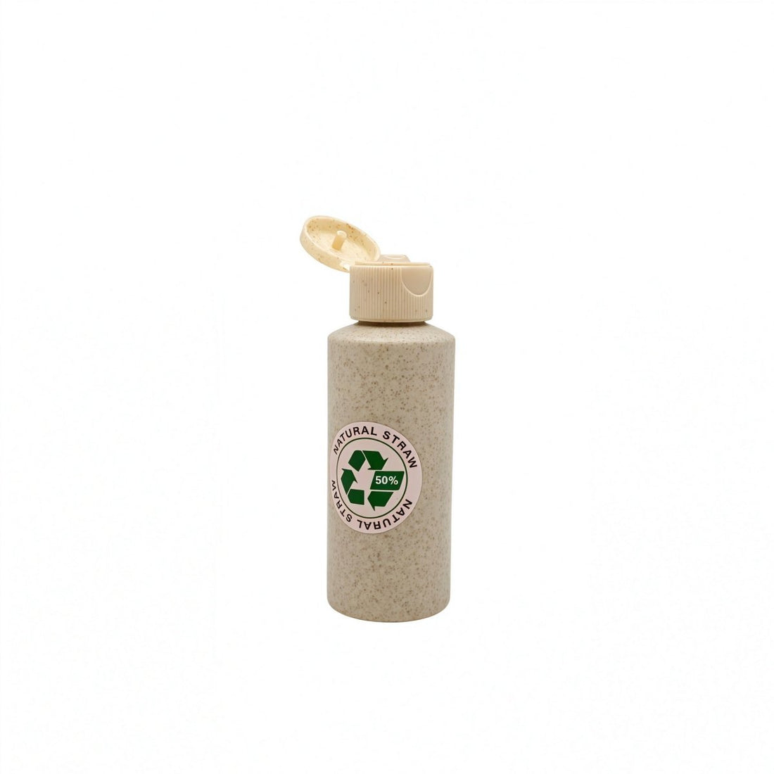 Eco-friendly travel bottle with open cork-style flip cap, natural speckled finish