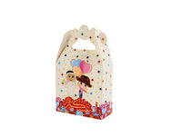 Kids Eid gift box with side view, cream star pattern, illustrated children, colorful base