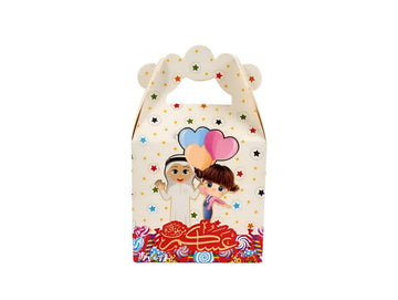 Kids Eid gift box with handle, cream stars, illustrated children, colorful Eid bottom