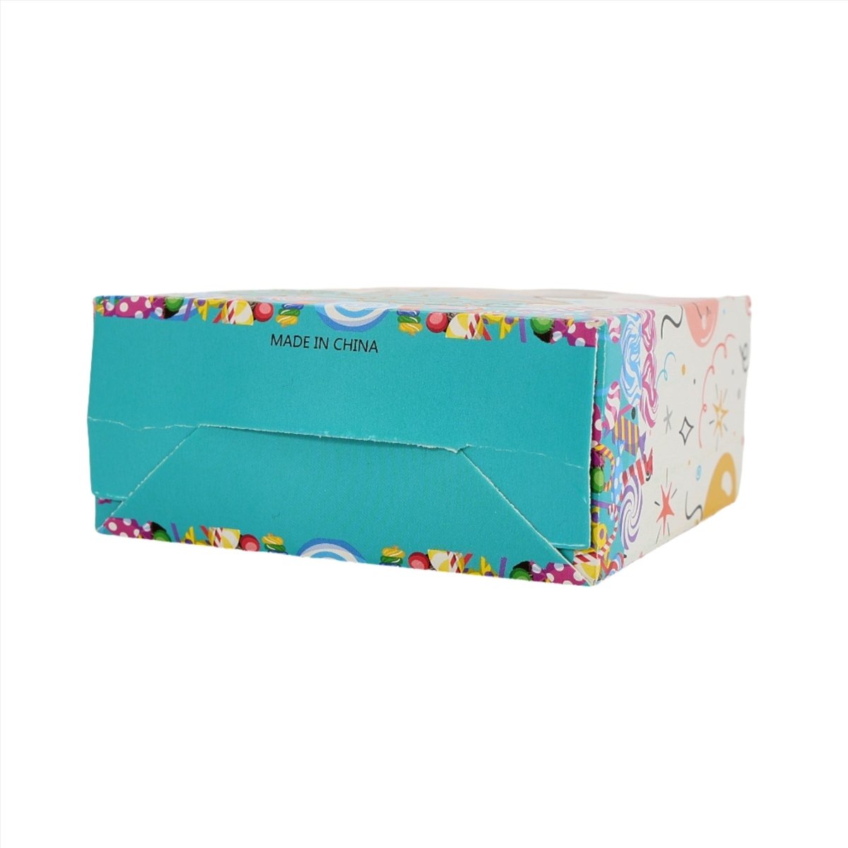 Kids Eid sweets box side view with blue panel and printed text 'MADE IN CHINA'