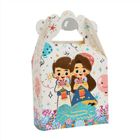 Kids Eid sweets box with two cartoon children holding gifts and blue decorative band
