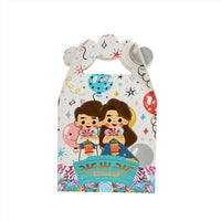 Kids Eid sweets box with cartoon children, blue sweets graphic, and hinged top handle