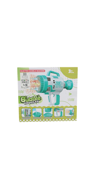 Toy bubble gun packaging showing an electric 108-hole bubble machine
