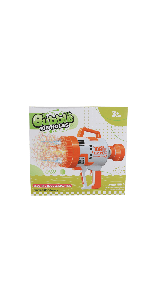 Bubble machine box for electric 108-hole bubble gun, orange and green packaging