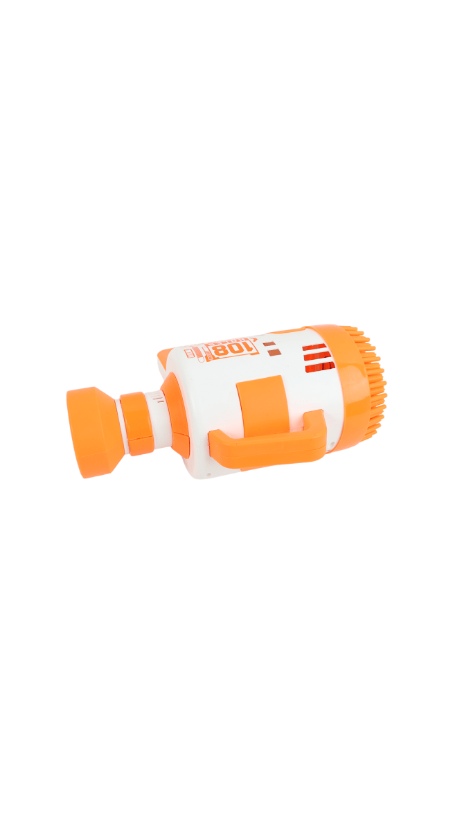 Electric bubble gun with orange-and-white body and 108-hole nozzle