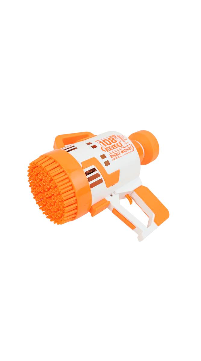 Electric bubble gun with 108-hole nozzle, orange and white toy sprayer