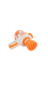 Electric bubble gun with orange handle and ribbed nozzle, 108-hole model