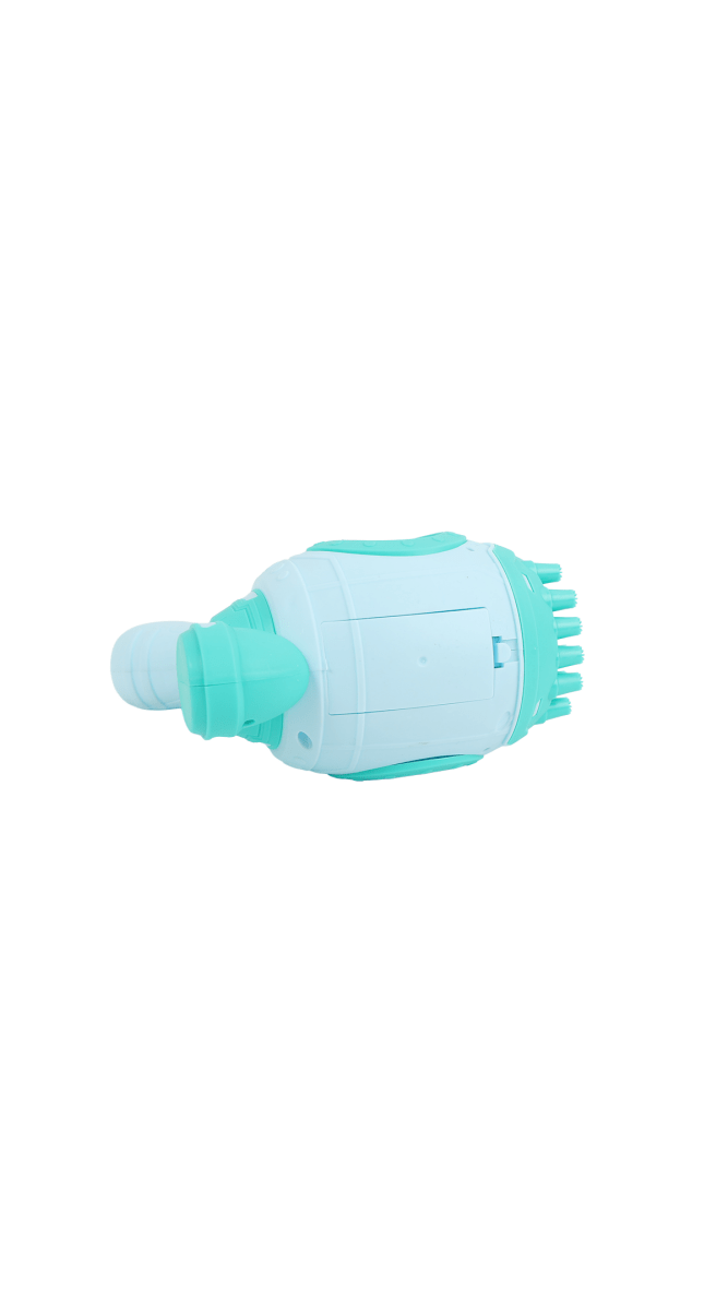 Light blue electric bubble gun from side view with 32-hole nozzle