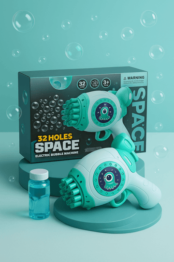Turquoise electric bubble gun with 32-hole nozzle, bottle included, ready for bubbles