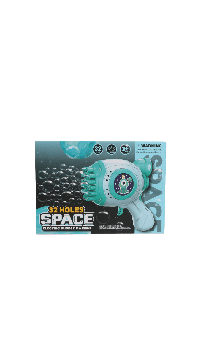 Boxed electric bubble gun toy with 32 holes and warning label